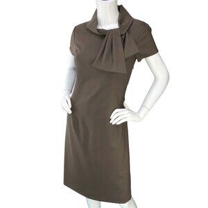 Neiman Marcus Dress Womens 4 Brown Sheath Bow Neck Short Sleeve Wool Office